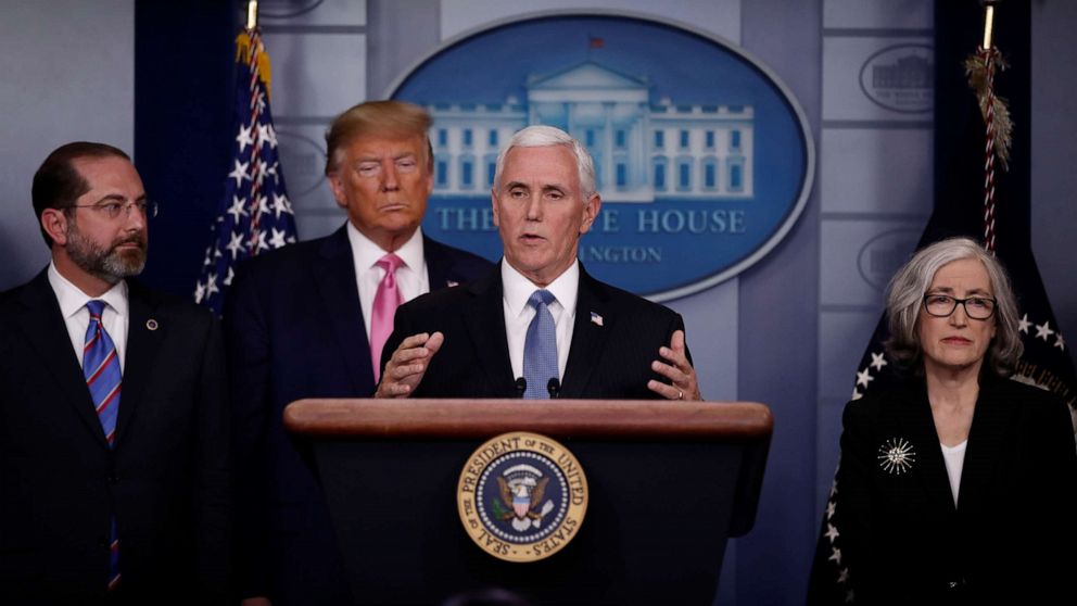 PHOTO: Vice President Mike Pence gives a news conference next to President Donald Trump at the White House, Feb.26, 2020. 