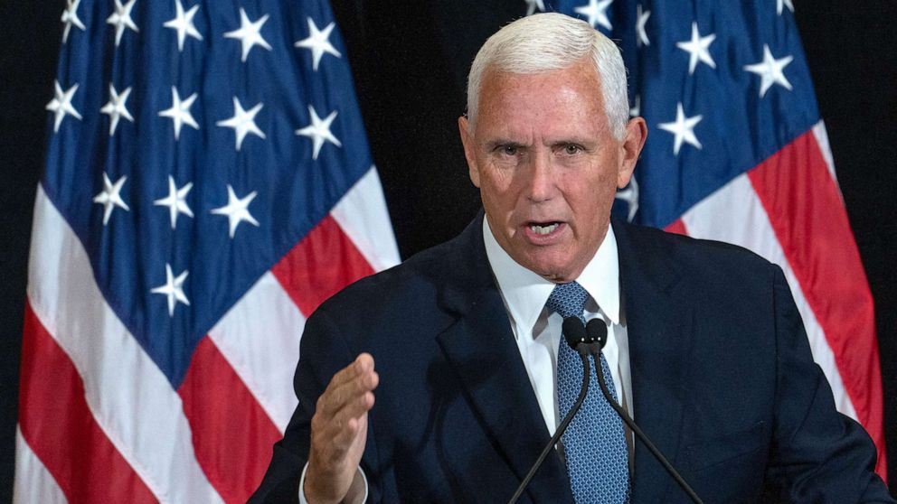 PHOTO: Former Vice President Mike Pence speaks during the NCSL Legislative Summit at the Indiana Convention Center, Aug. 16, 2023, in Indianapolis.