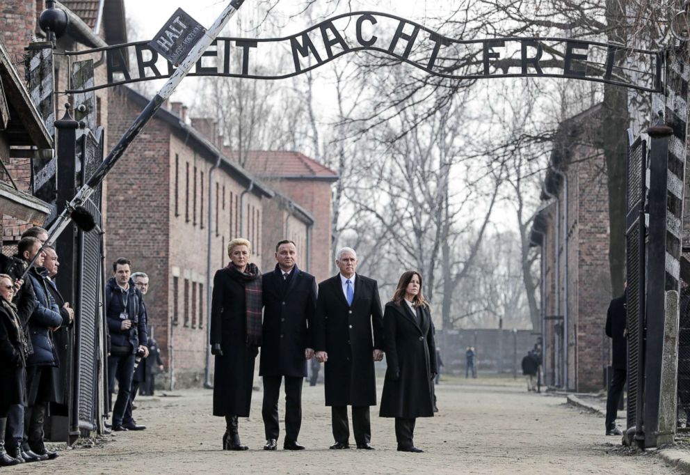 PHOTO: Vice President Mike Pence and his wife Karen Pence, right, stand with Poland's President Andrzej Duda and his wife Agata Kornhauser-Duda, leftduring their visit at the Nazi concentration camp Auschwitz-Birkenau in Oswiecim, Poland, Feb. 15, 2019.