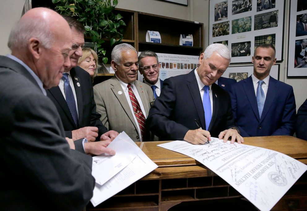 PHOTO:Republican Vice President Mike Pence files the ticket of President Donald Trump and himself to be listed on the New Hampshire primary ballot, Nov. 7, 2019, at the Secretary of State's office in Concord, N.H. 