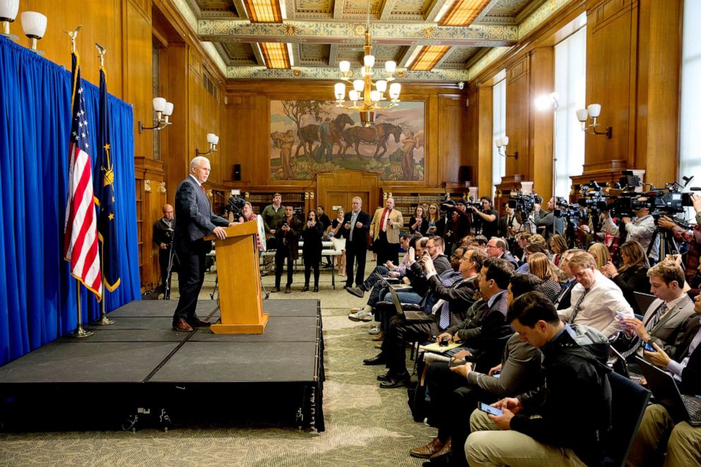 PHOTO: Governor Mike Pence of Indiana holds a press conference, March 31, 2015, at the Indiana State Library in Indianapolis, Ind.