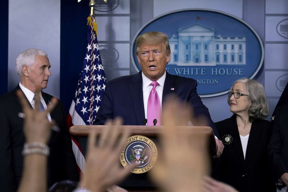 PHOTO: President Donald Trump speaks at the beginning of a news conference with members of the coronavirus task force, including Vice President Mike Pence in the Brady Press Briefing Room at the White House, Feb. 26, 2020.