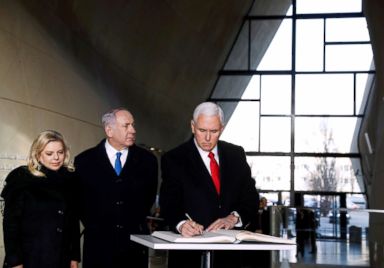 PHOTO: Vice President Mike Pence, Israeli Prime Minister Benjamin Netanyahu and his wife Sara visit the Jewish Museum in Warsaw, Poland, Feb. 14, 2019.