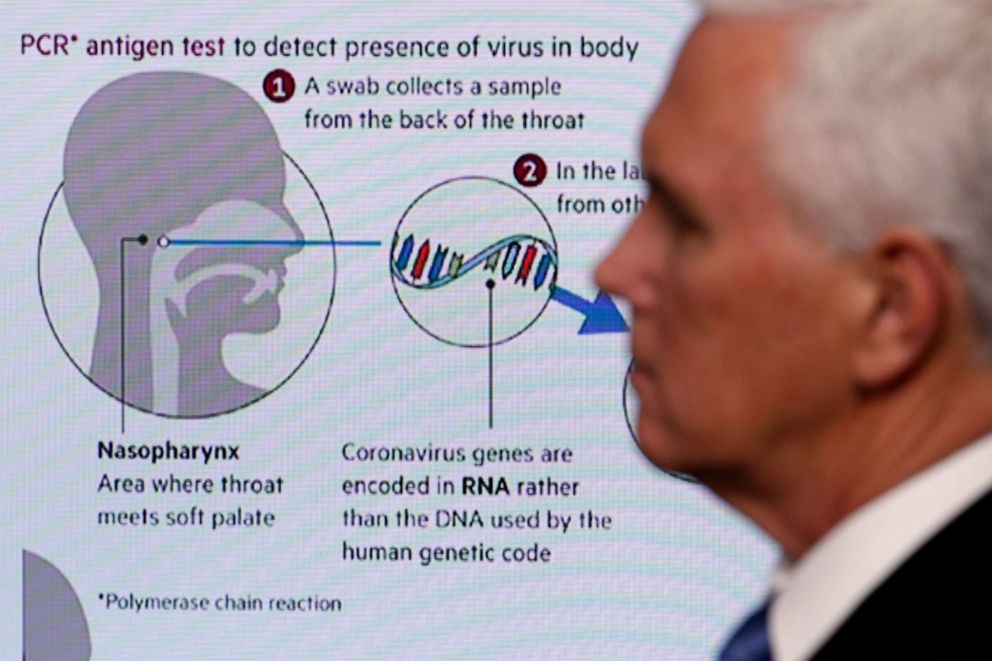 PHOTO: Vice President Mike Pence listens as a graphics is displayed on a screen as Dr. Deborah Birx, White House coronavirus response coordinator, speaks about the coronavirus in the White House, April 17, 2020, in Washington. 