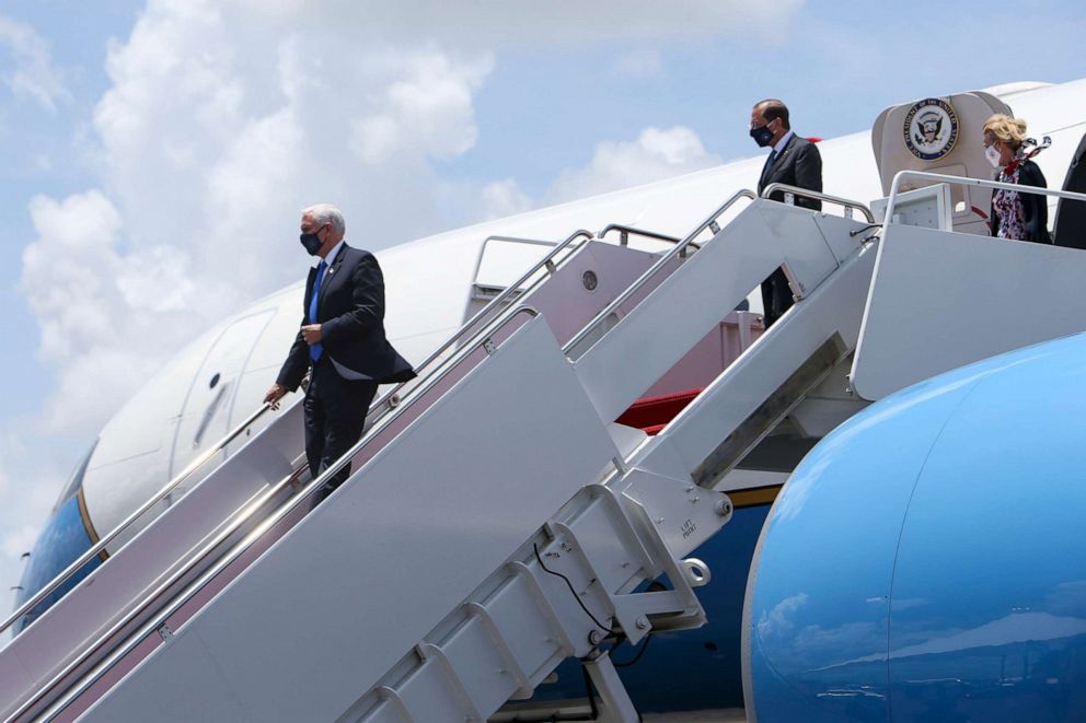 PHOTO: Vice President Mike Pence arrives at Tampa International Airport, July 2, 2020, in Tampa. The Vice President met with Florida Governor Ron DeSantis regarding the efforts the state is making to combat COVID-19. 