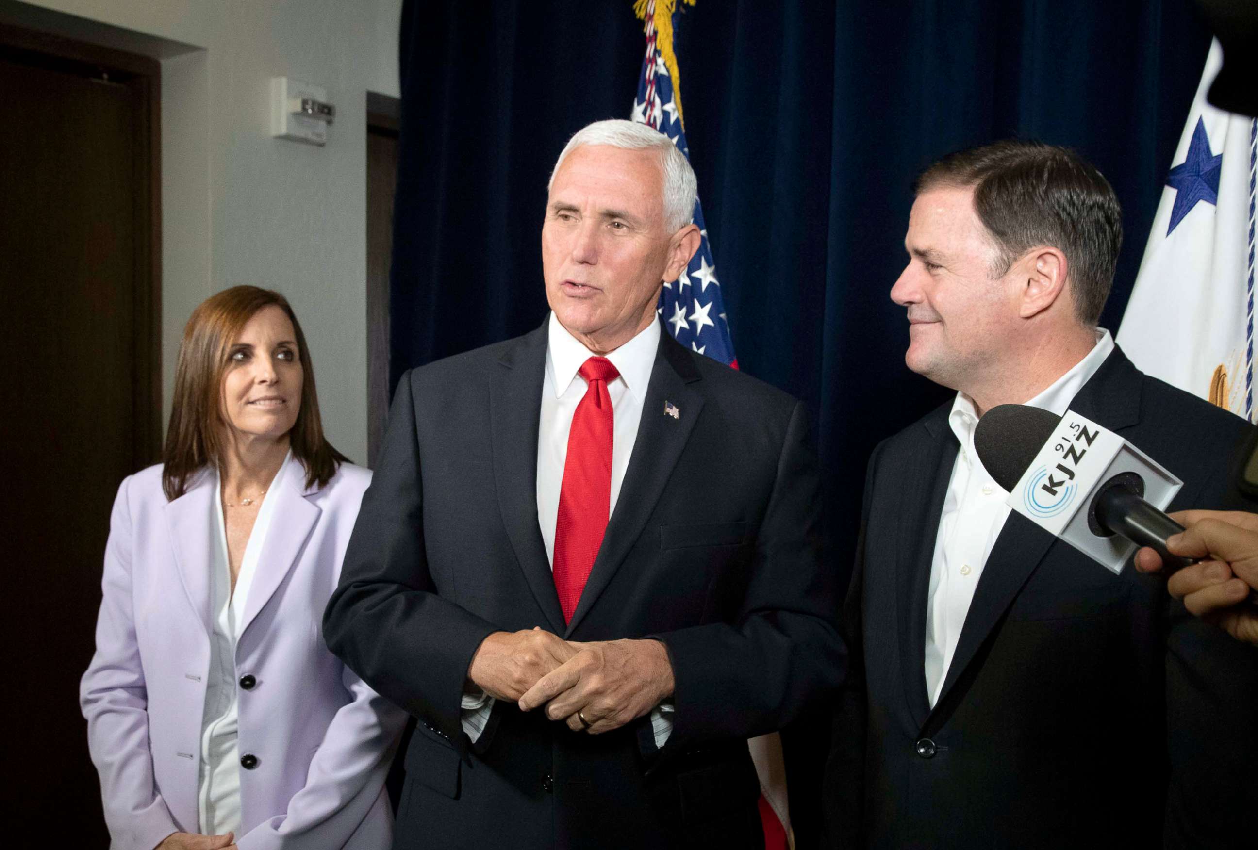 PHOTO: Vice President Mike Pence answers questions from members of the press after a discussion with Latino leaders in Phoenix, Ariz., Oct. 3, 2019.