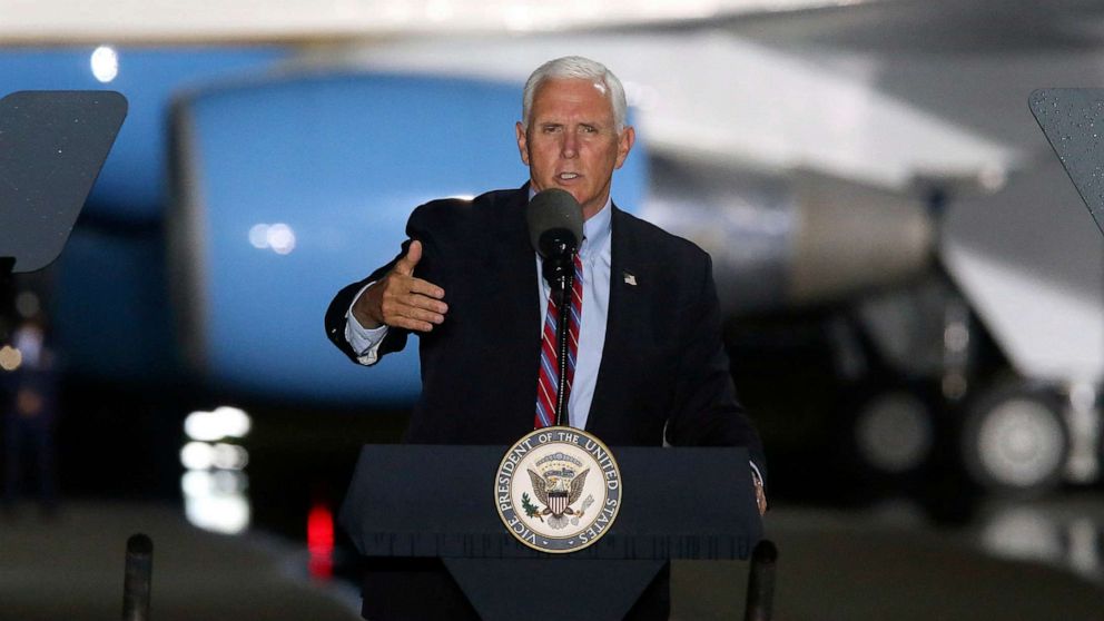PHOTO: Vice President Mike Pence speaks to supporters, Oct. 24, 2020, in Tallahassee, Fla. 