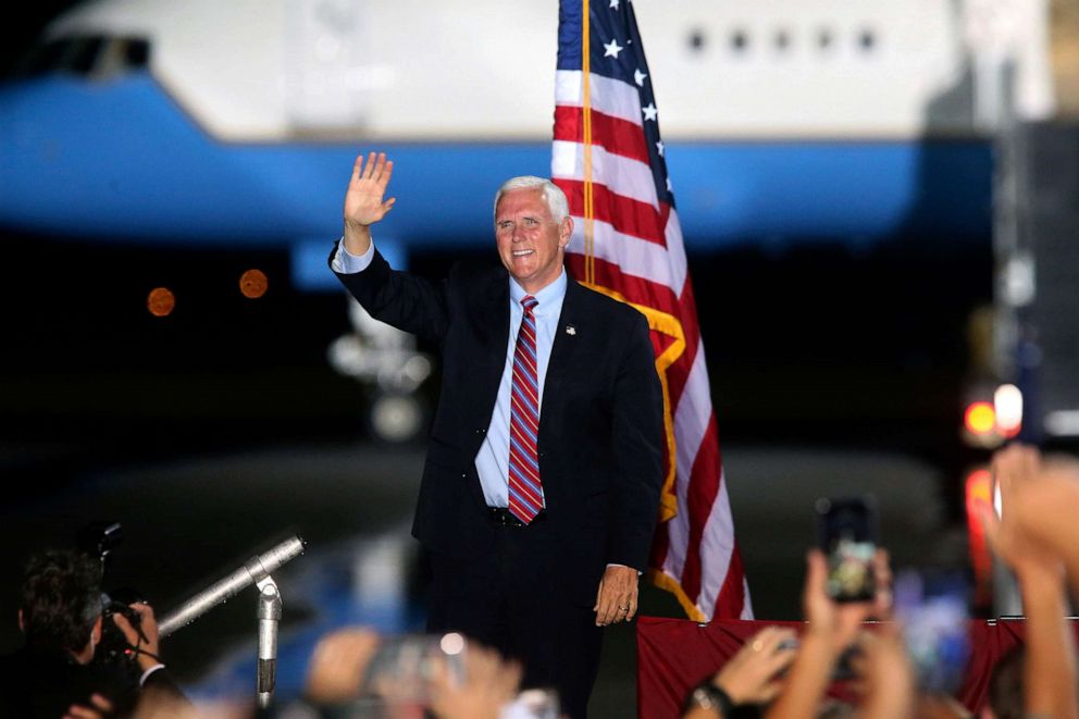 PHOTO: Vice President Mike Pence waves to supporters, Oct. 24, 2020 in Tallahassee, Fla.