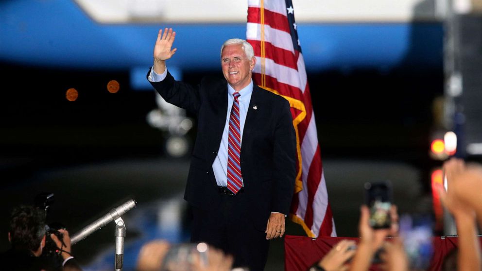 PHOTO: Vice President Mike Pence waves to supporters, Oct. 24, 2020 in Tallahassee, Fla.