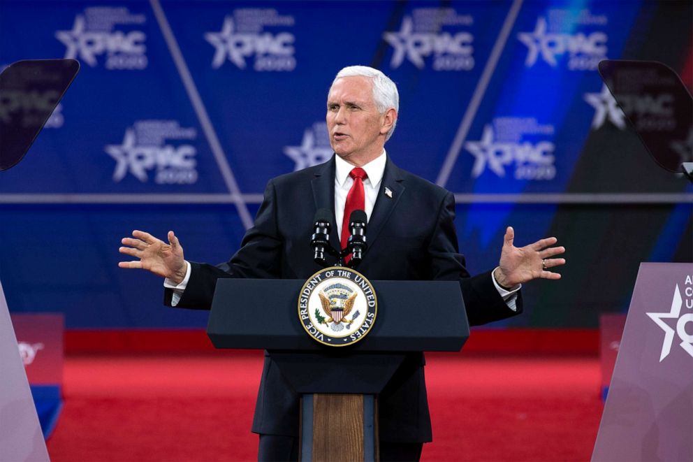 PHOTO: Vice President Mike Pence speaks during the Conservative Political Action Conference, CPAC 2020, at the National Harbor, in Oxon Hill, Md., Feb. 27, 2020.