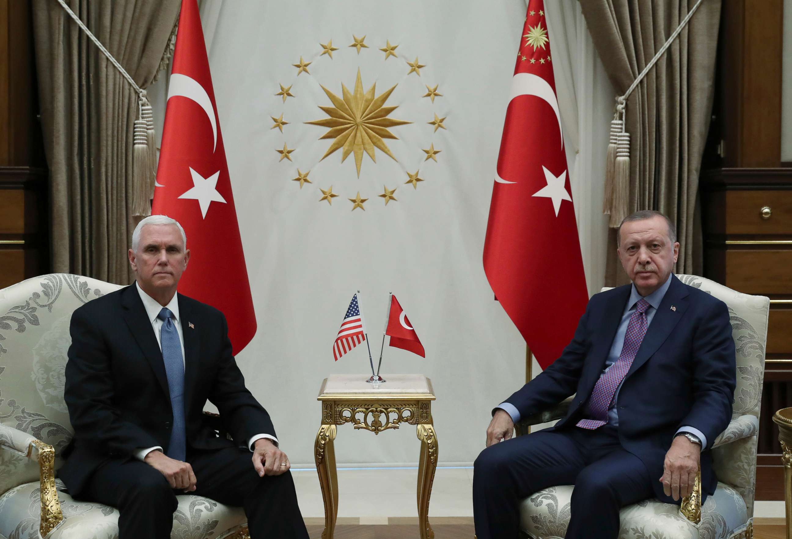 PHOTO: Vice President Mike Pence, left, and Turkish President Recep Tayyip Erdogan pose for photos before their talks at the presidential palace, in Ankara, Turkey, on Oct. 17, 2019.
