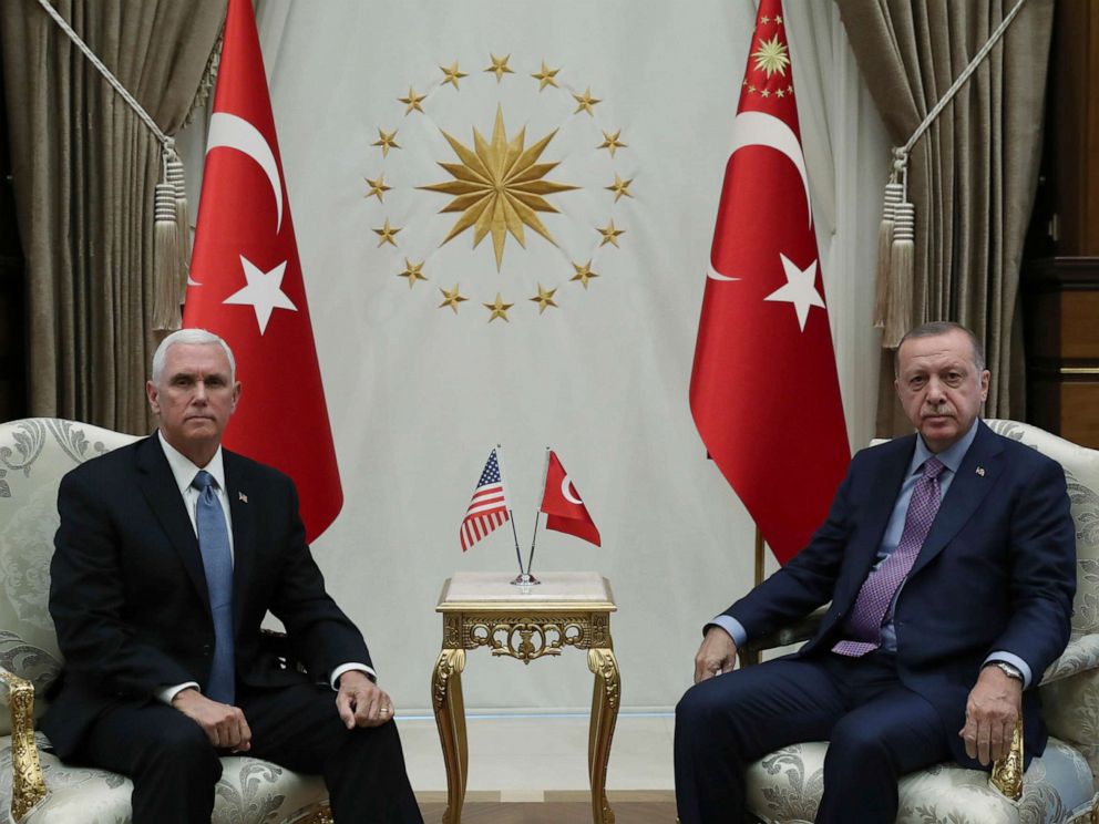 PHOTO: Vice President Mike Pence, left, and Turkish President Recep Tayyip Erdogan pose for photos before their talks at the presidential palace, in Ankara, Turkey, on Oct. 17, 2019.