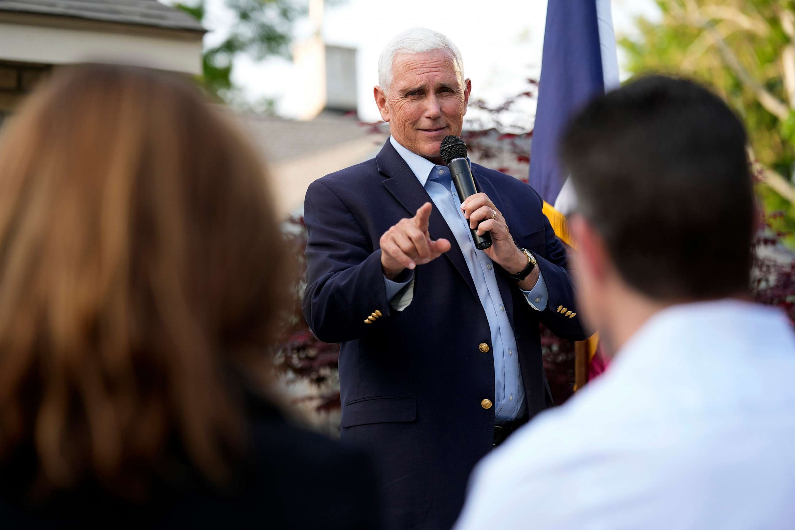 PHOTO: Former Vice President Mike Pence speaks to local residents during a meet and greet, May 23, 2023, in Des Moines, Iowa.