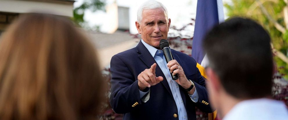 PHOTO: Former Vice President Mike Pence speaks to local residents during a meet and greet, May 23, 2023, in Des Moines, Iowa.