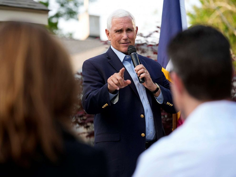 PHOTO: Former Vice President Mike Pence speaks to local residents during a meet and greet, May 23, 2023, in Des Moines, Iowa.