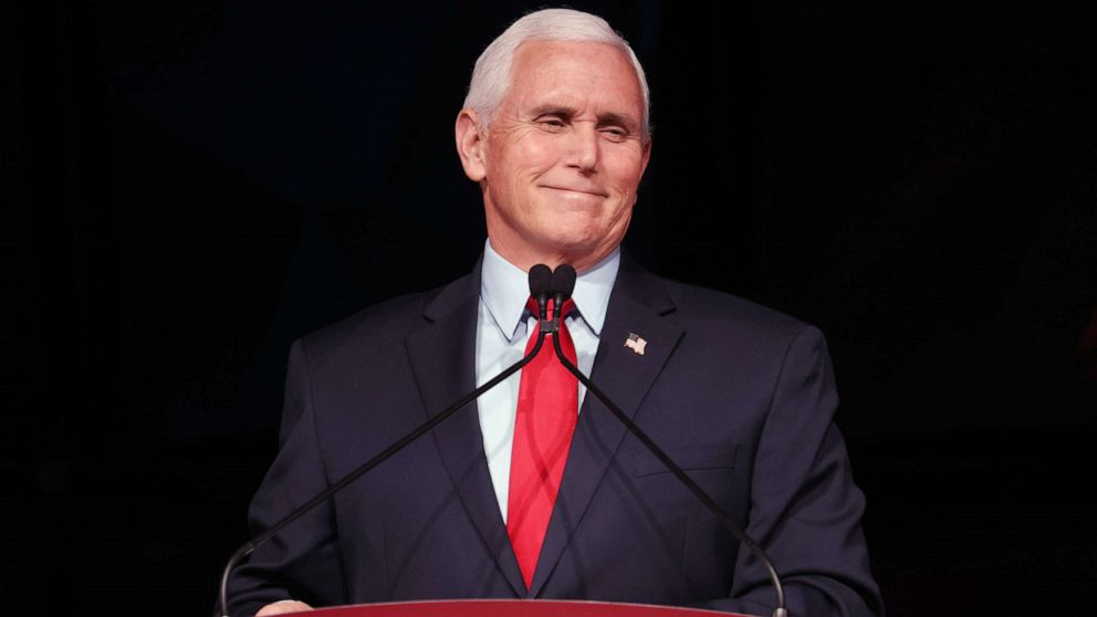 PHOTO: Former Vice President Mike Pence speaks during the Advancing Freedom Lecture Series at Stanford University, Feb. 17, 2022, in Stanford, Calif.