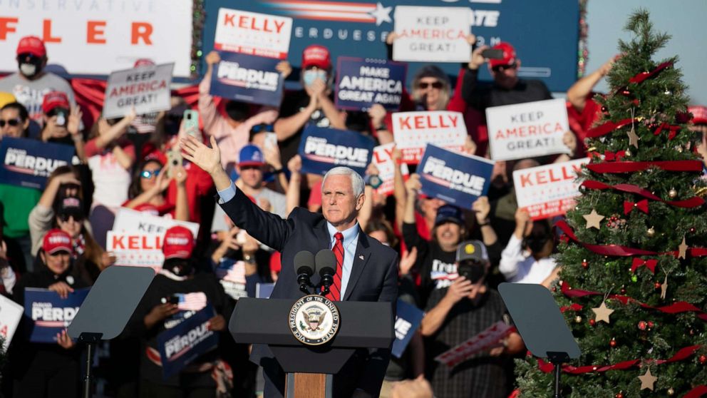 PHOTO: Vice President Mike Pence speaks to the crowd during a rally in support of Sen. David Purdue and Sen. Kelly Loeffler, Dec. 10, 2020 in Augusta, Ga.