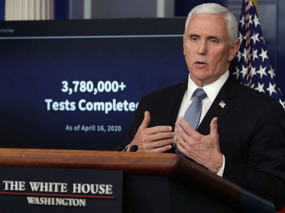 PHOTO: Vice President Mike Pence speaks during the daily briefing of the White House Coronavirus Task Force, at the White House, April 17, 2020 in Washington.