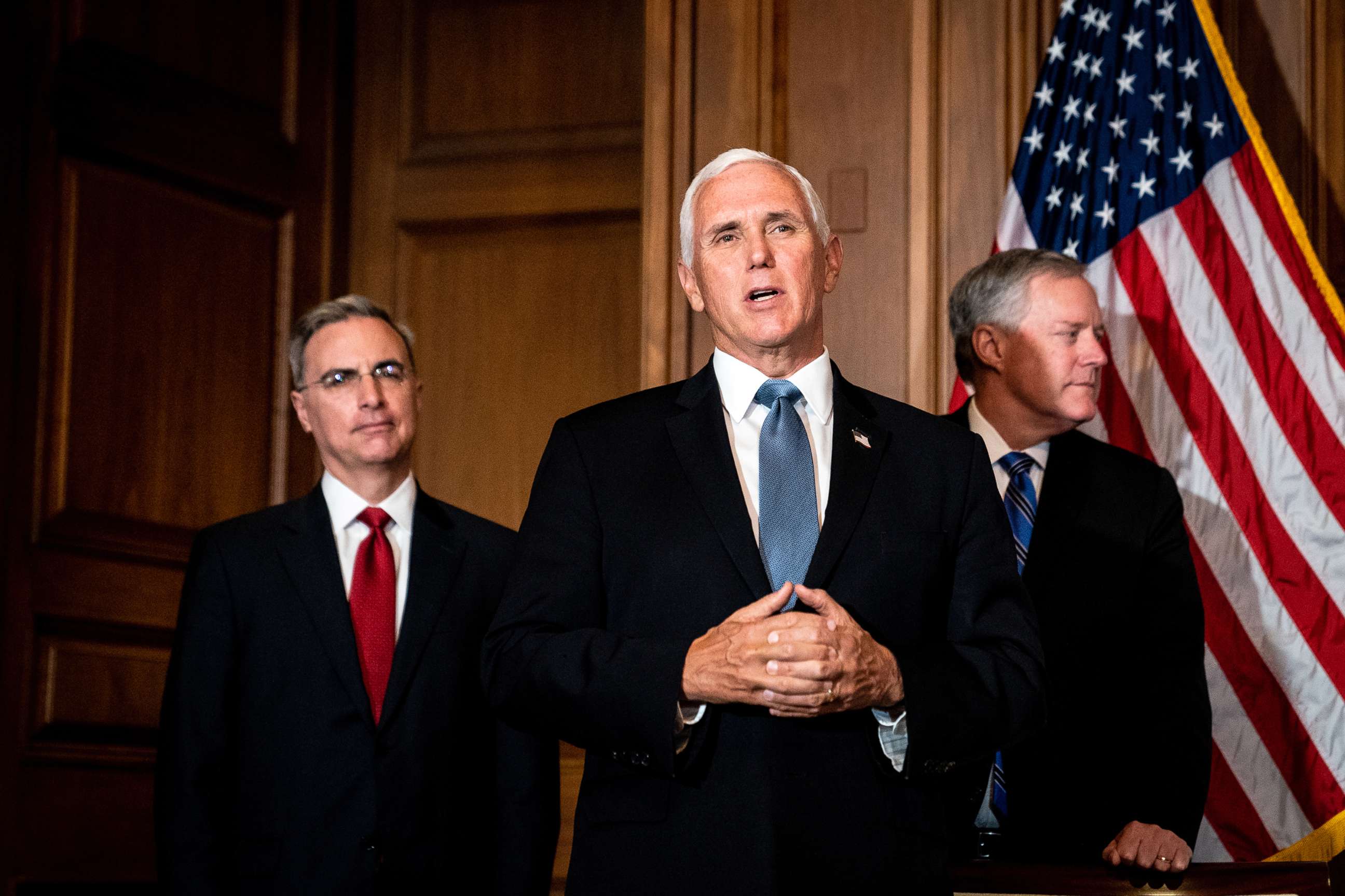 PHOTO: Vice President Mike Pence speaks at a meeting with Seventh Circuit Court Judge Amy Coney Barrett, President Donald Trump's nominee for the Supreme Court, in preparation for her confirmation hearing, Sept. 29, 2020, in Washington, DC. 