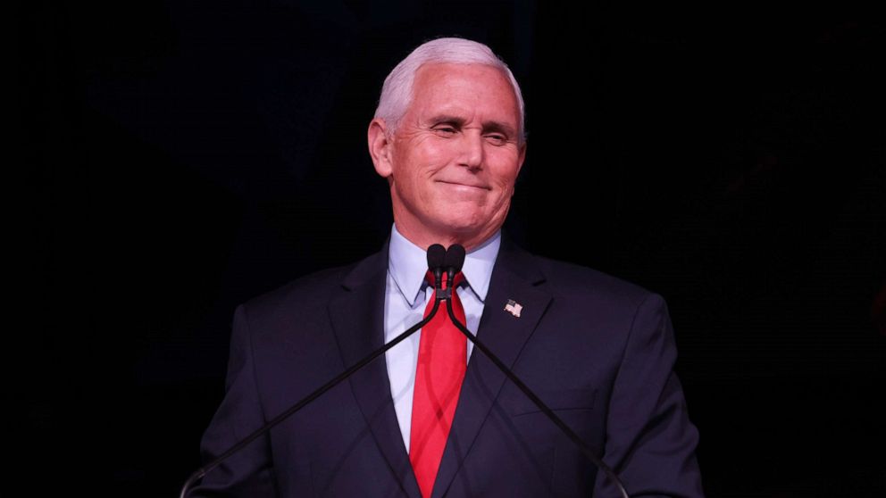 PHOTO: Former Vice President Mike Pence speaks during the Advancing Freedom Lecture Series at Stanford University, on Feb. 17, 2022, in Stanford, Calif.