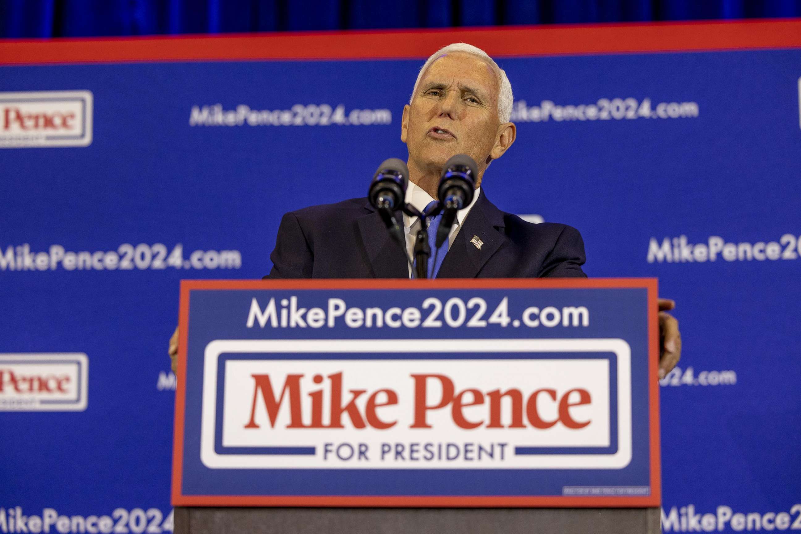 PHOTO: Former Vice President Mike Pence speaks during a campaign launch event at the Des Moines Area Community College, in Ankeny, Iowa, on June 7, 2023.