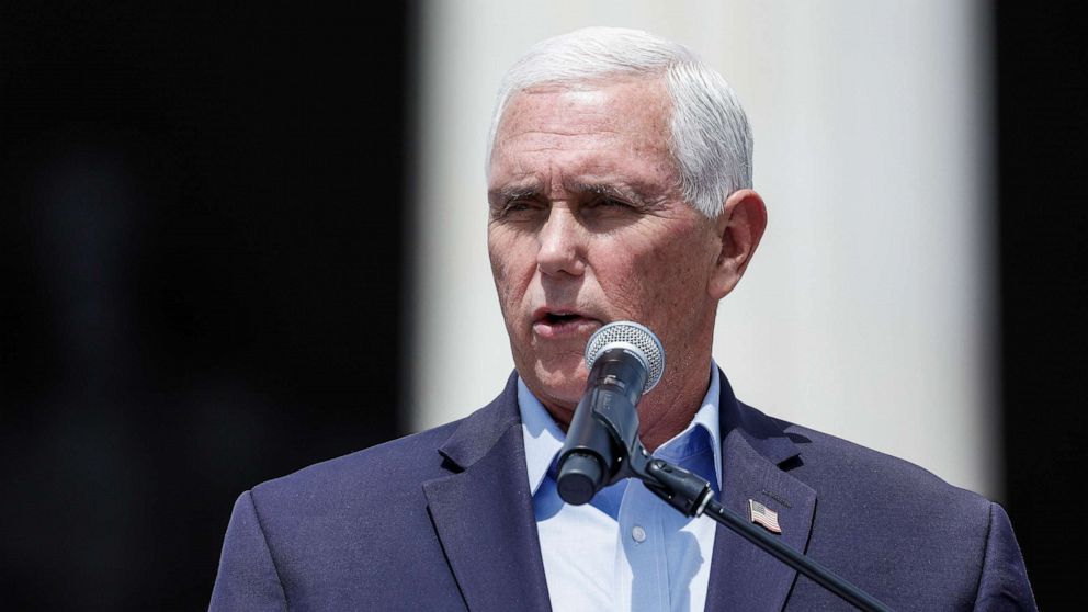 PHOTO: Republican presidential candidate and former Vice President Mike Pence speaks during a Celebrate Life Day rally outside the Lincoln Memorial, on June 24, 2023, in Washington, D.C.