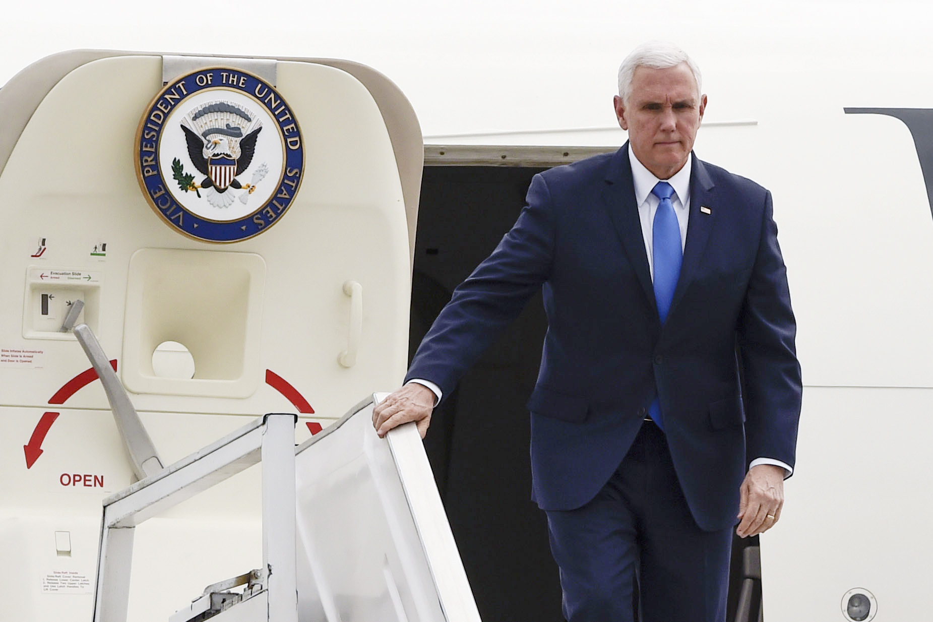 PHOTO: Vice President Mike Pence disembarks from his plane upon arrival in Bogota, Feb. 25, 2019.