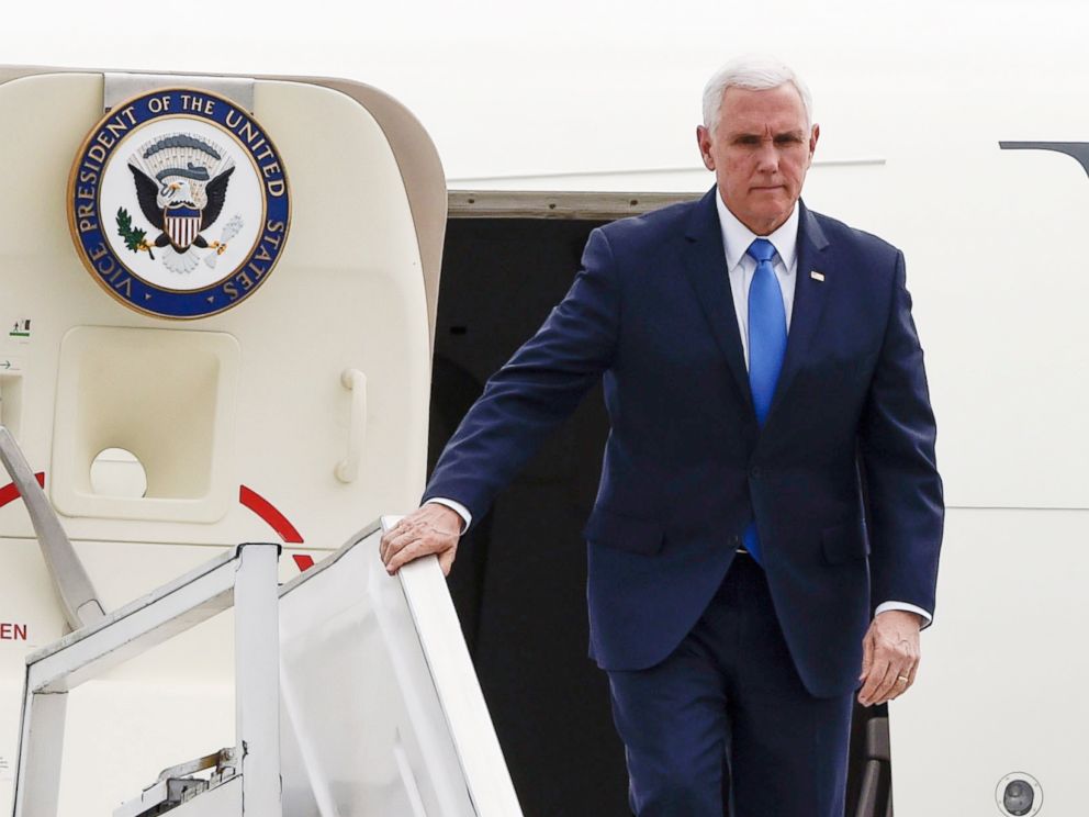 PHOTO: Vice President Mike Pence disembarks from his plane upon arrival in Bogota, Feb. 25, 2019.