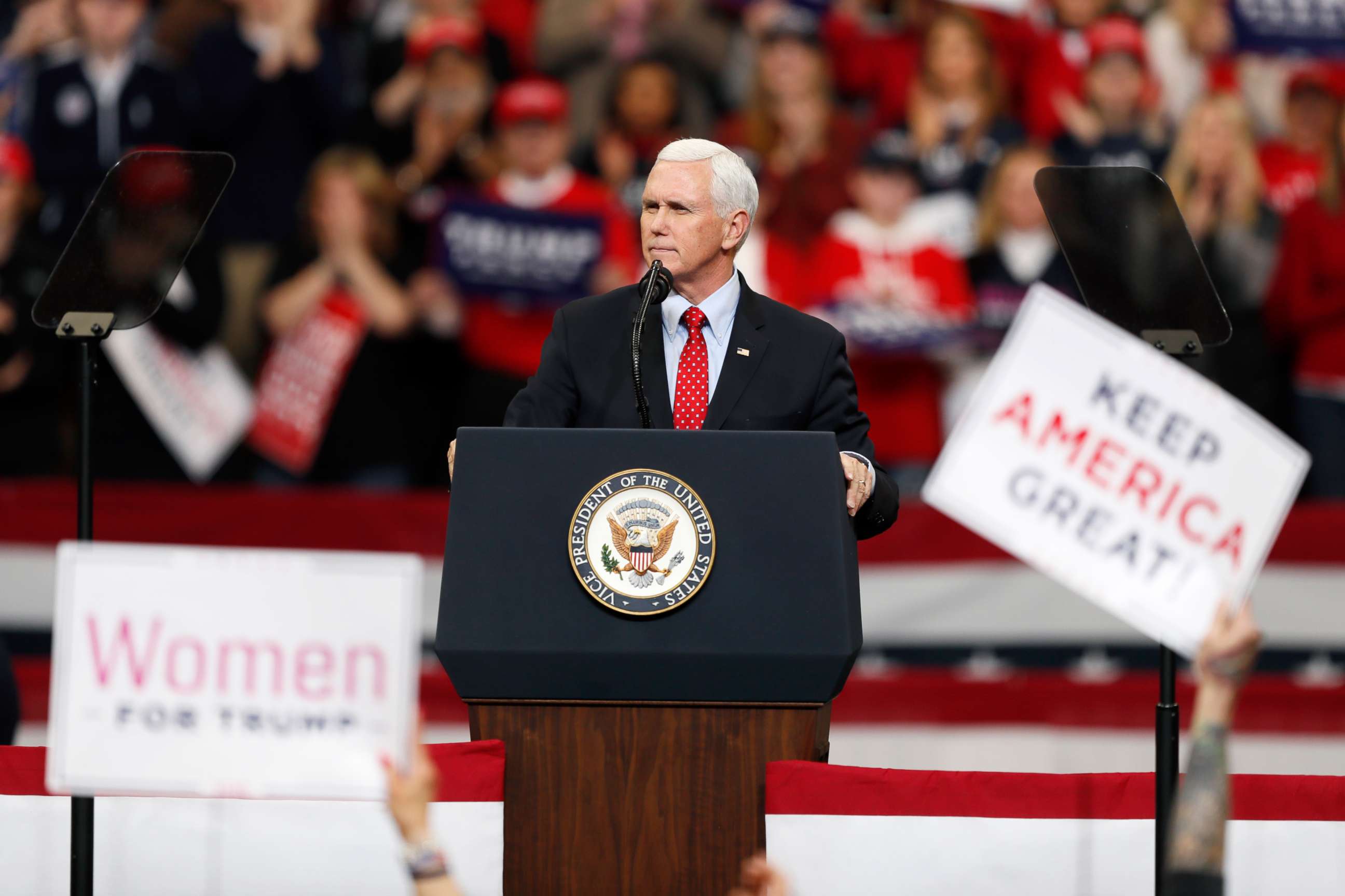 PHOTO: Vice President Mike Pence speaks at a campaign rally ahead of President Donald Trump at Drake University, Jan. 30, 2020, in Des Moines, Iowa.