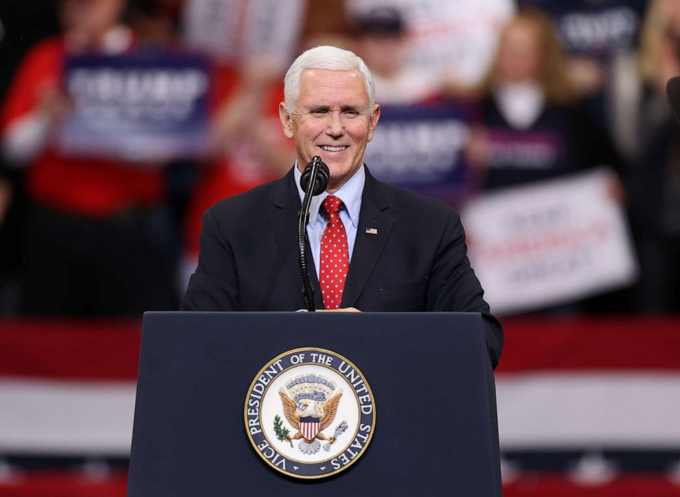 PHOTO: Vice President Mike Pence speaks during a campaign rally by President Donald Trump in Des Moines, Iowa, on January 30, 2020.