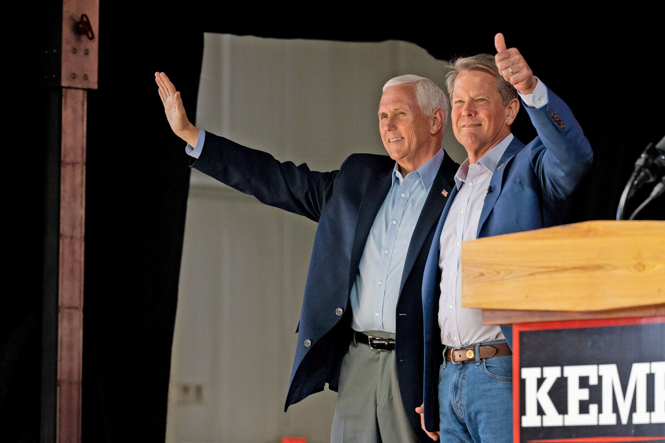 PHOTO: Governor Brian Kemp is seen at a campaign rally with Former Vice President Mike Pence on May 23, 2022 in Kennesaw, Ga.