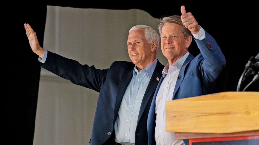 PHOTO: Governor Brian Kemp is seen at a campaign rally with Former Vice President Mike Pence on May 23, 2022 in Kennesaw, Ga.