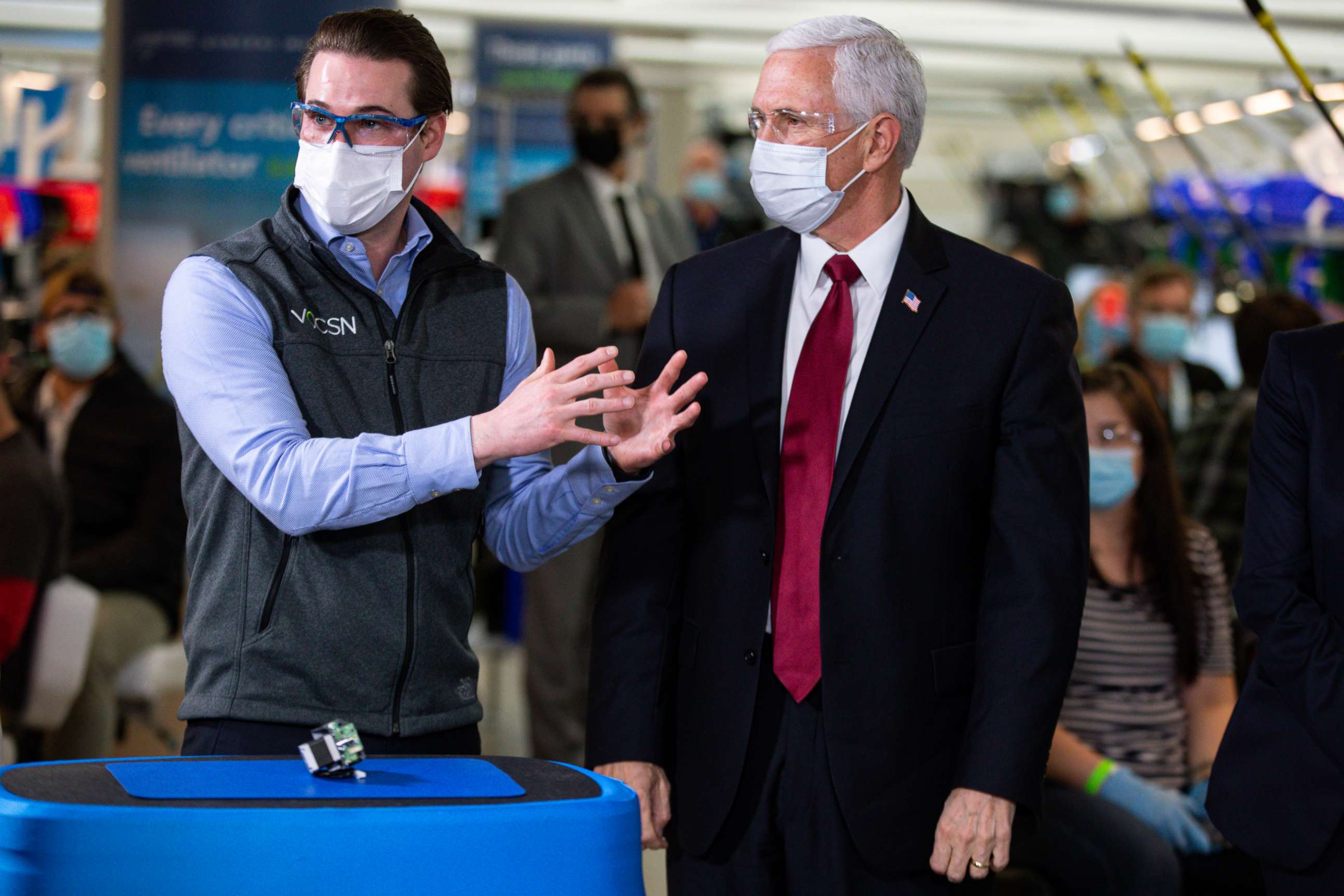 PHOTO: Vice President Mike Pence tours the General Motors/Ventec ventilator production facility with Chris Kiple of Ventec in Kokomo, Ind., April 30, 2020. 