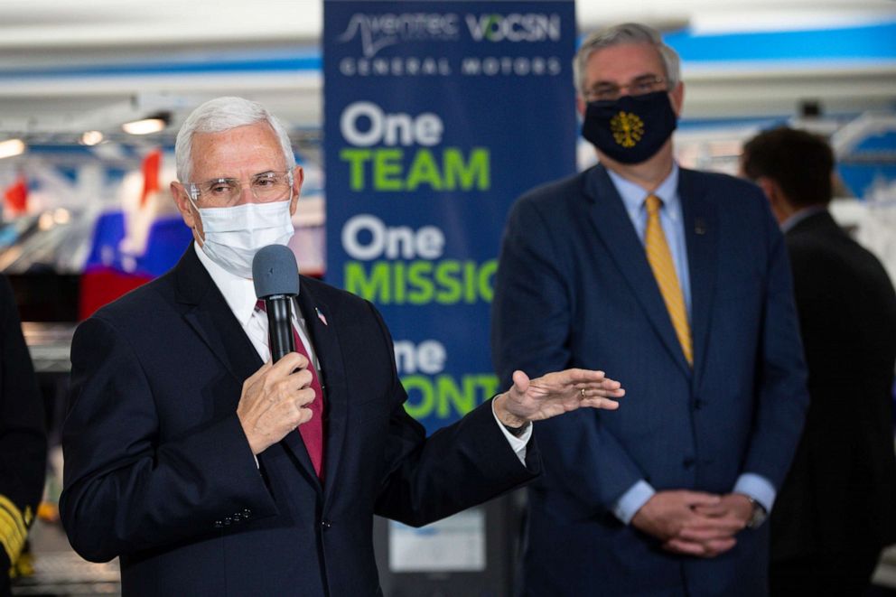 PHOTO: Vice President Mike Pence speaks during a visit to the General Motors Ventec ventilator production facility with Indiana Gov. Eric Holcomb in Kokomo, Ind., April 30, 2020. 
