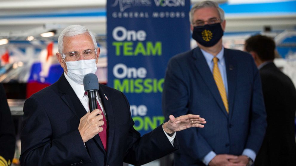 PHOTO: Vice President Mike Pence speaks during a visit to the General Motors/Ventec ventilator production facility with Indiana Gov. Eric Holcomb in Kokomo, Ind., April 30, 2020.