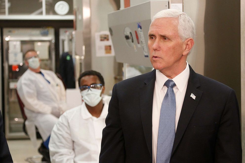 PHOTO: Vice President Mike Pence visits the molecular testing lab at Mayo Clinic, April 28, 2020, in Rochester, Minn., where he toured the facilities supporting COVID-19 research and treatment.