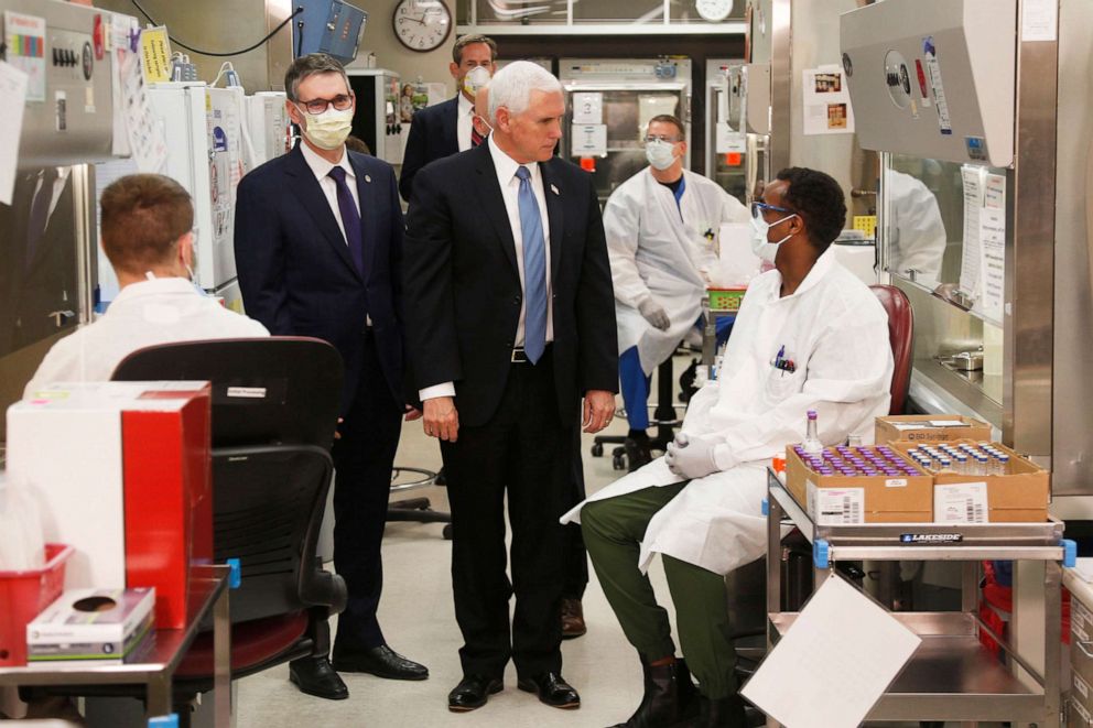PHOTO: Vice President Mike Pence visits the molecular testing lab at Mayo Clinic, April 28, 2020, in Rochester, Minn., where he toured the facilities supporting COVID-19 research and treatment.