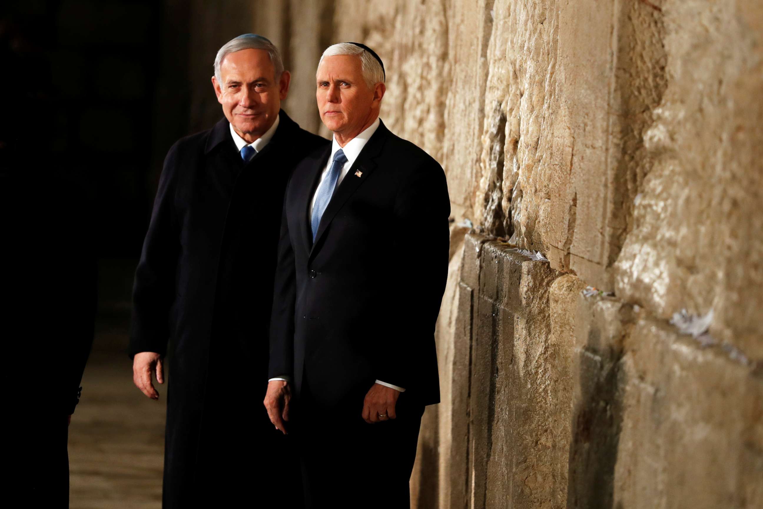 PHOTO: Vice President Mike Pence stands next to Israeli Prime Minister Benjamin Netanyahu during a visit to the Western Wall in Jerusalem's Old City on Jan. 23, 2020.