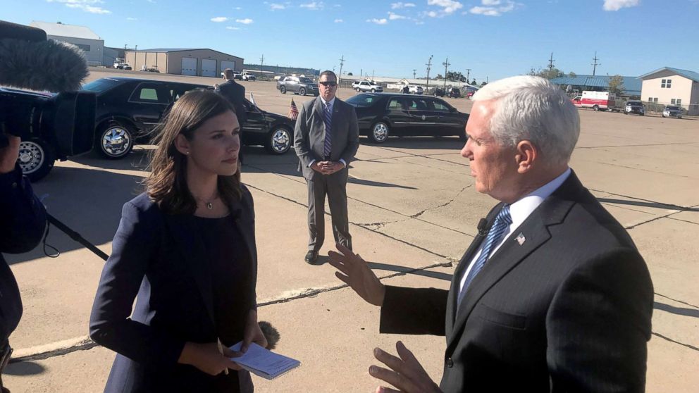 PHOTO: ABC News' Tara Palmeri speaks with Vice President Mike Pence in New Mexico, Oct. 26, 2018.