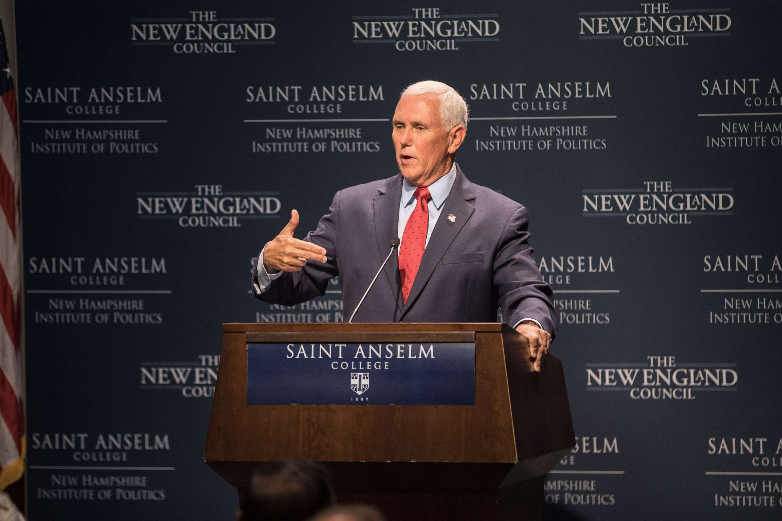 PHOTO: Former Vice President Mike Pence speaks at "Politics & Eggs" at the New Hampshire Institute Politics at St. Anselm College on Aug. 17, 2022 in Manchester, N.H. 