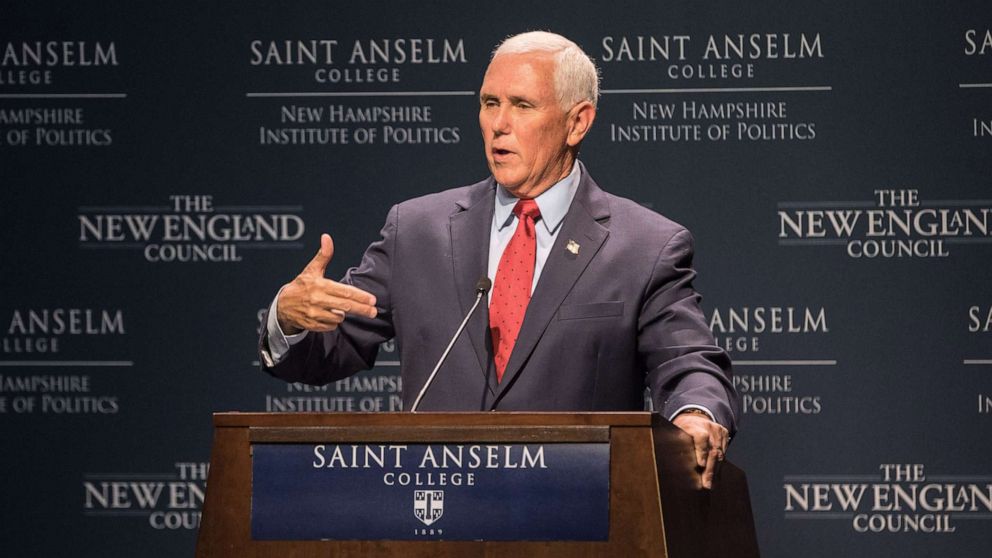 PHOTO: Former Vice President Mike Pence speaks at "Politics & Eggs" at the New Hampshire Institute Politics at St. Anselm College on Aug. 17, 2022 in Manchester, N.H. 