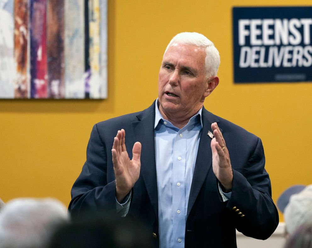 PHOTO: Former Vice President Mike Pence answers questions from the audience during the Woodbury County GOP and Republican Women meet and greet at Pizza Ranch in Sioux City, Iowa, July 5, 2023.