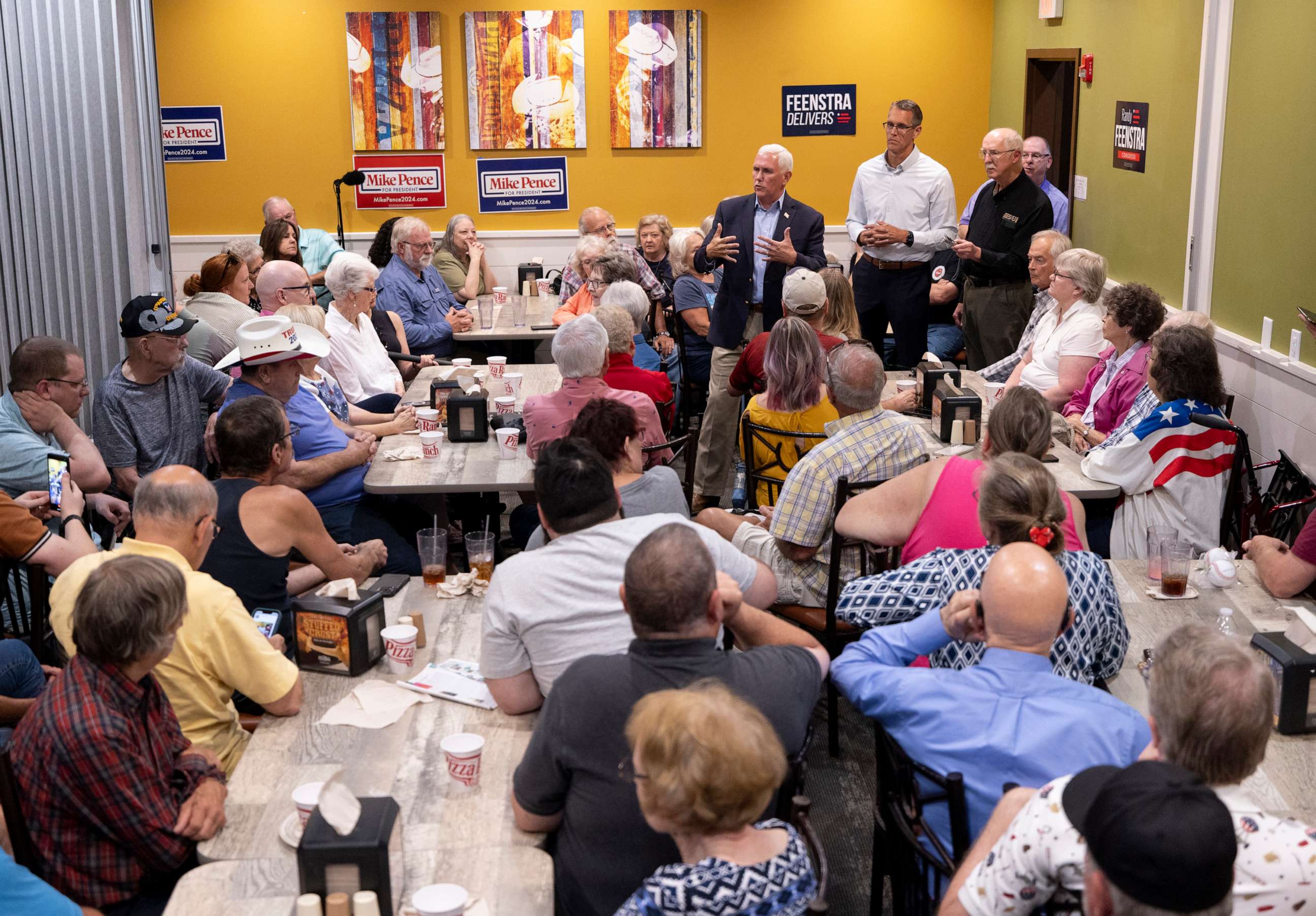 PHOTO: Former Vice President Mike Pence answers questions from the audience during the Woodbury County GOP and Republican Women meet and greet at Pizza Ranch in Sioux City, Iowa, July 5, 2023.