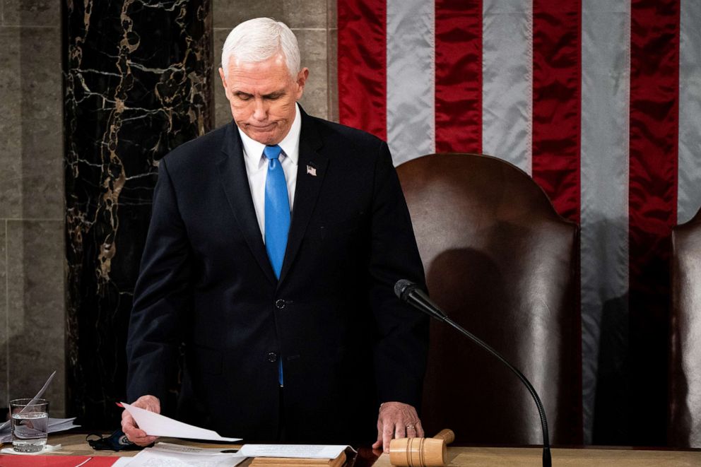 PHOTO: Vice President Mike Pence presides over a joint session of Congress to certify the 2020 Electoral College results on Jan. 6, 2021, in Washington, D.C.