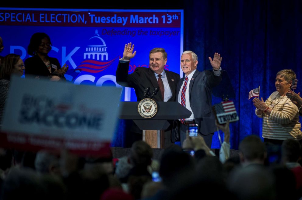 PHOTO: Republican Pennsylvania congressional candidate Rick Saccone and Vice President Mike Pence acknowledge the audience during a campaign event at the Bethel Park Community Center on Feb. 2, 2018 in Bethel Park, Penn.