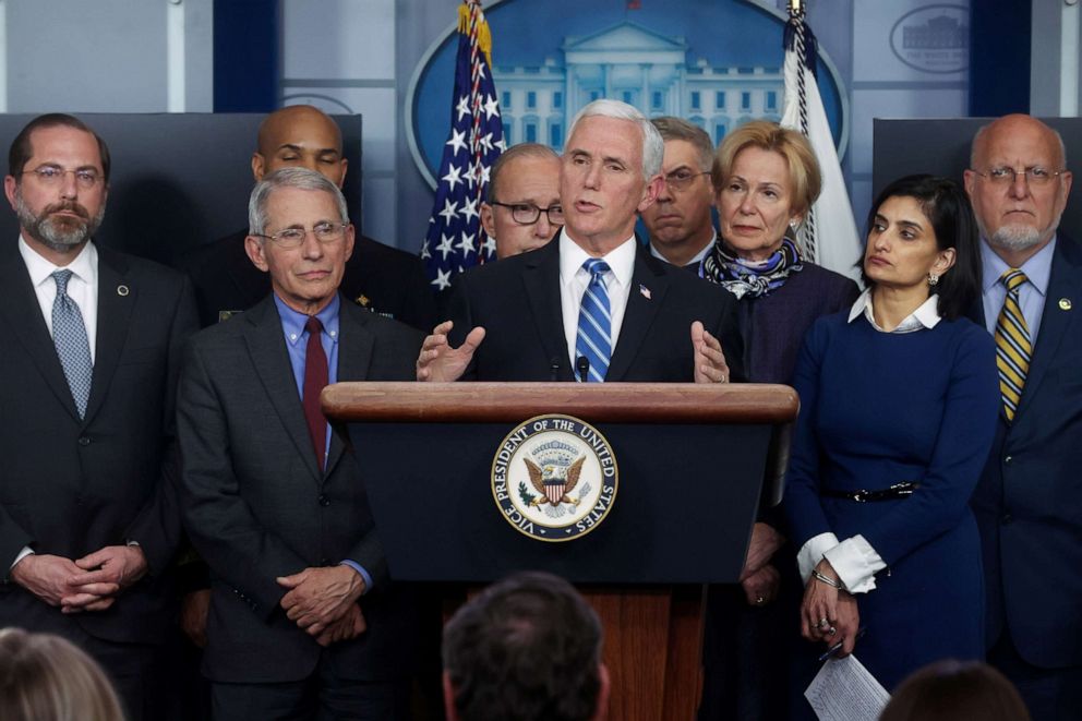 PHOTO: Vice President Mike Pence addresses reporters during his daily Coronavirus Task Force news briefing at the White House, March 10, 2020.  