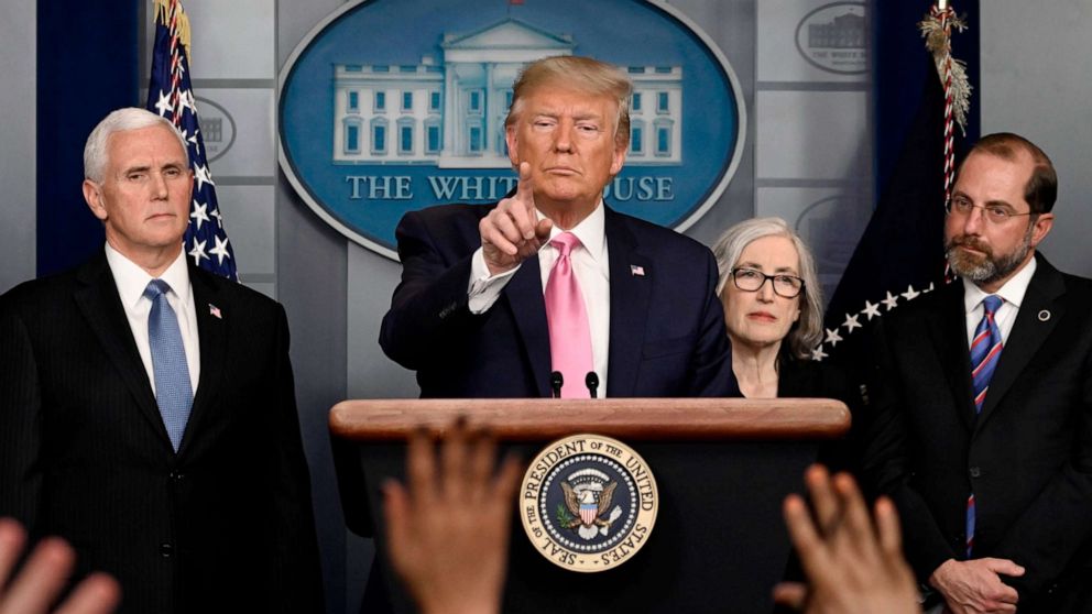 PHOTO: President Donald Trump, flanked by Health and Human Services Secretary Alex Azar, Vice President Mike Pence and CDC Principal Deputy Director Anne Schuchat, holds a news conference on the COVID-19 outbreak, at the White House, Feb. 26, 2020.