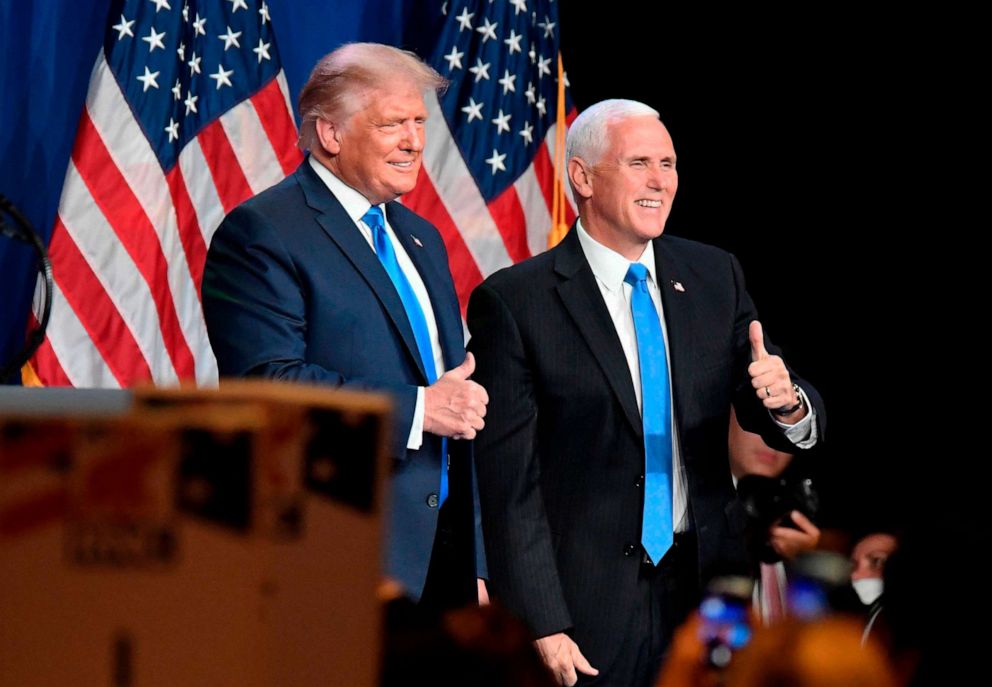 PHOTO: In this Aug. 24, 2020 file photo President Donald Trump and Vice President Mike Pence stand on a stage together at the Republican National Convention in Charlotte, N.C.