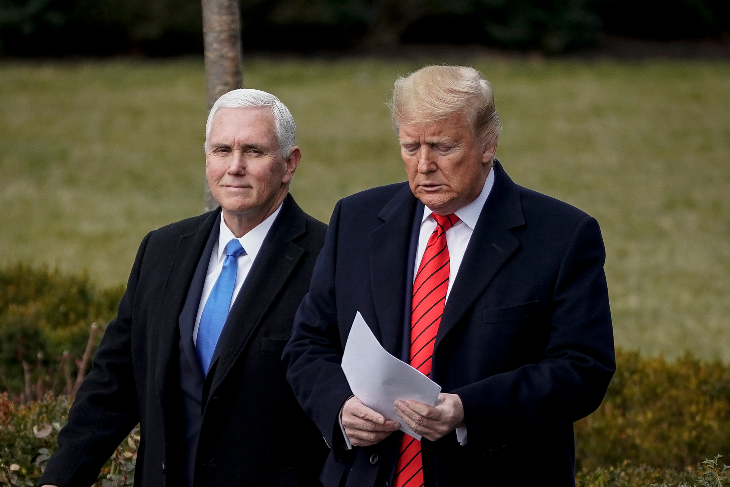 PHOTO: In this Jan. 29, 2020, file photo, former Vice President Mike Pence and former President Donald Trump arrive for a signing ceremony for the United States-Mexico-Canada Trade Agreement on the South Lawn of the White House in Washington, D.C.