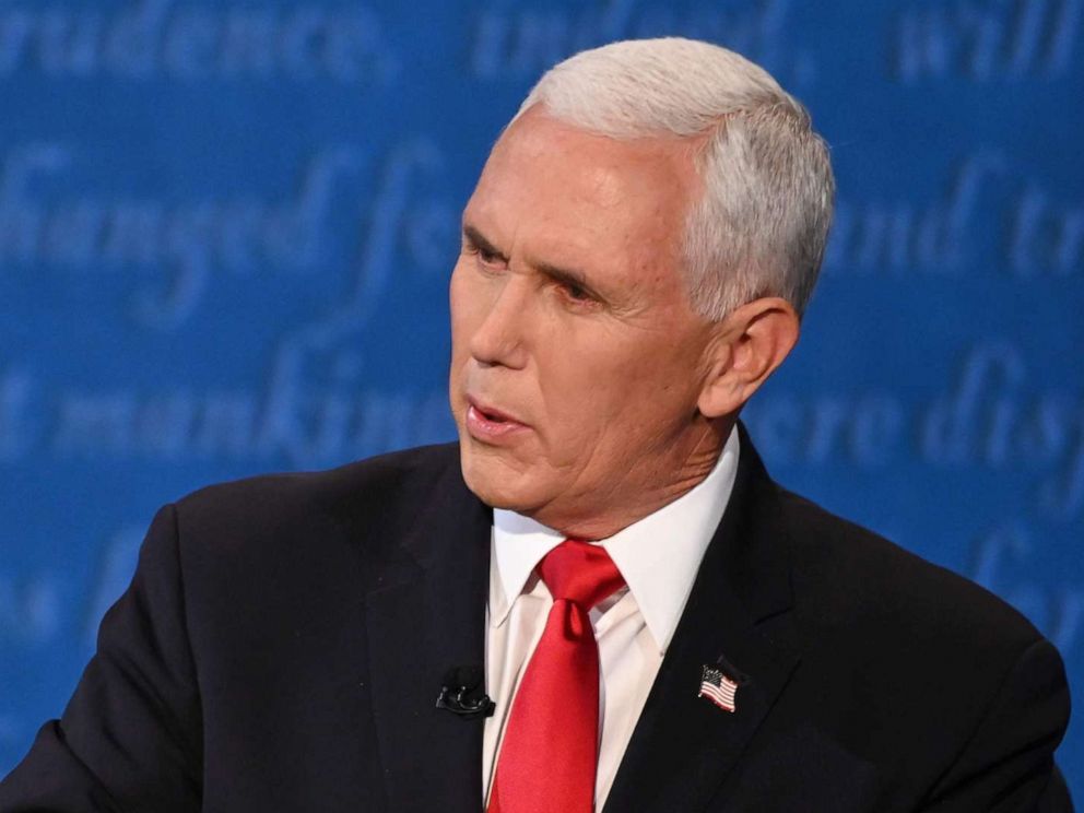 PHOTO: Vice President Mike Pence speaks during the vice presidential debate in Kingsbury Hall at the University of Utah, Oct. 7, 2020, in Salt Lake City.